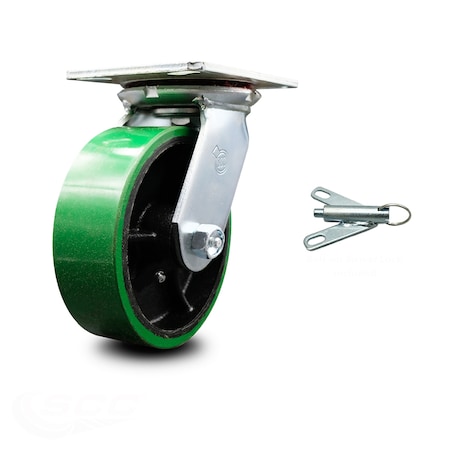 Service Caster 6 Inch Green Poly on Cast Iron Caster with Roller Bearing and Swivel Lock SCC SCC-35S620-PUR-GB-BSL